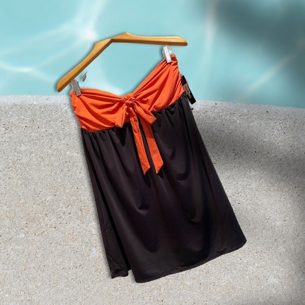 0122 DKNY Orange and Black Bandeau Swimdress L NWT